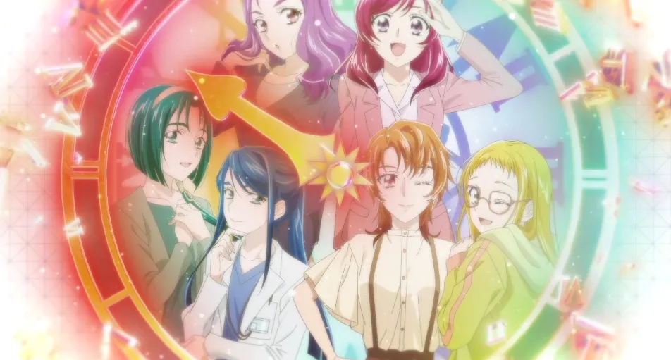 Las seis chicas adultas de PreCure en el tic-tac del reloj