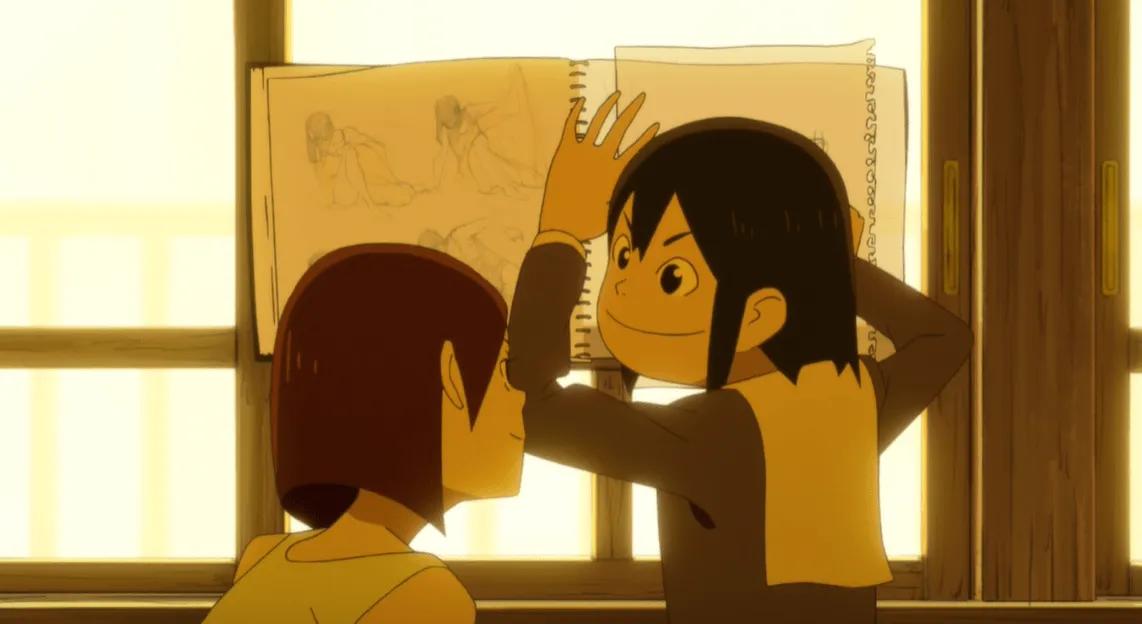 Midori y Tsubame de ¡Mantén tus manos alejadas de Eizouken!  sosteniendo sus bocetos contra una ventana