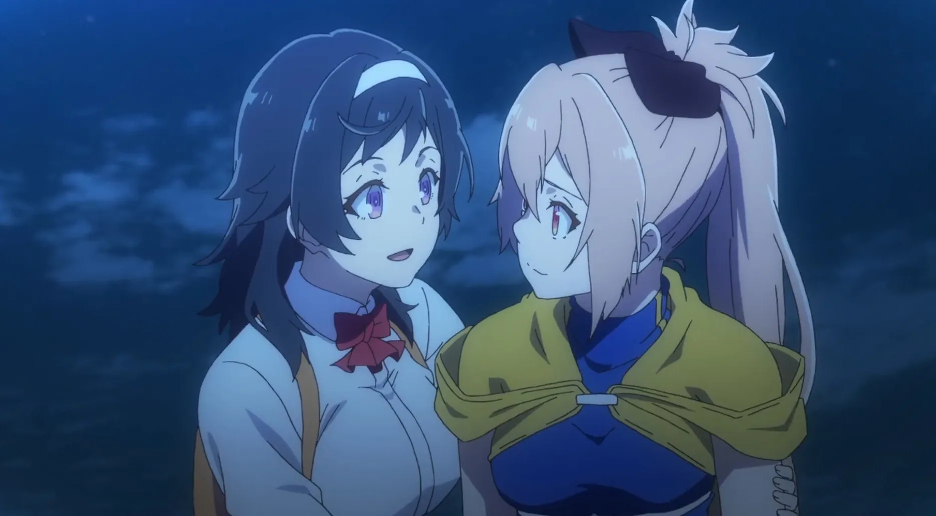 Akari smiling and leaning close to Menou