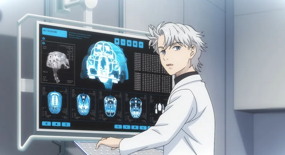 Hikaru frente a una computadora con un monitor de gran tamaño.