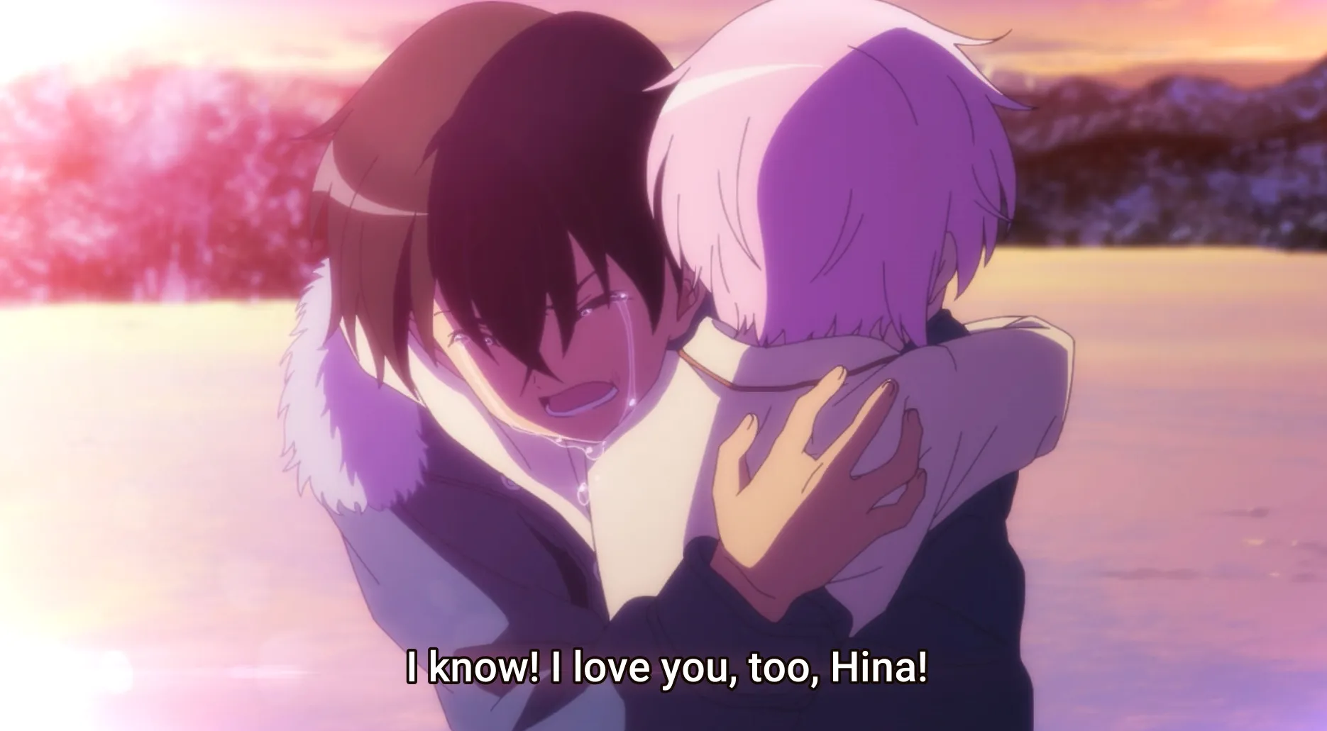 Narukami abraza a Hina entre lágrimas.  ¡Lo sé!  ¡Yo también te amo, Hina!