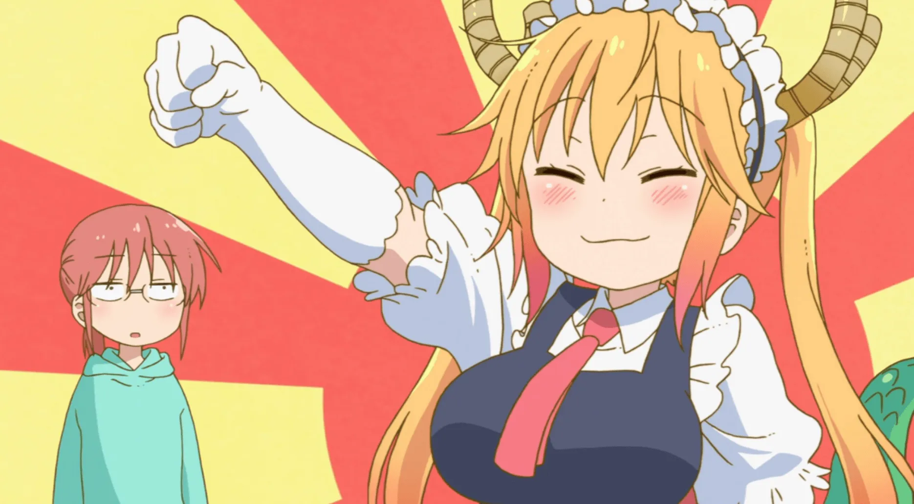 Tohru levanta su puño con entusiasmo.