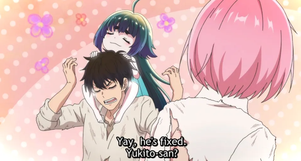 Mitama sentada sobre los hombros de Yukito.  Sí, está arreglado.