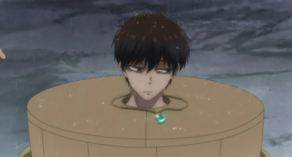 Yukito en un barril con solo la cabeza afuera.