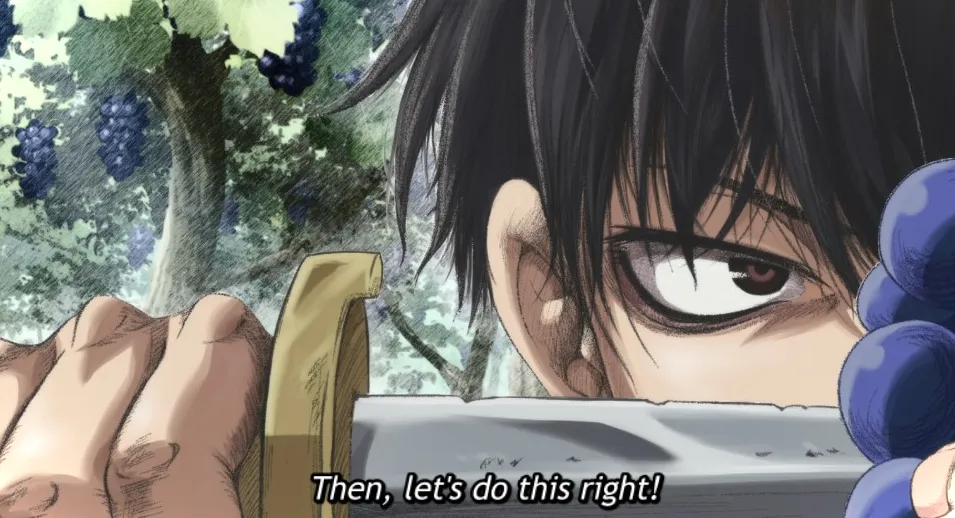 Yukito sosteniendo un cuchillo para cortar uvas.  entonces...hagamos esto bien.