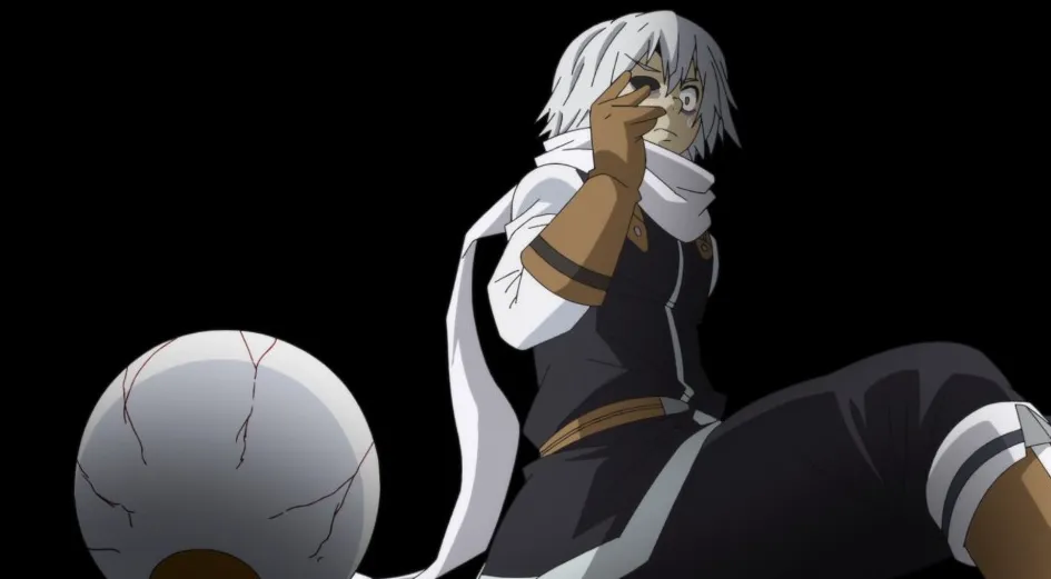 Touka mirando su globo ocular en el suelo.