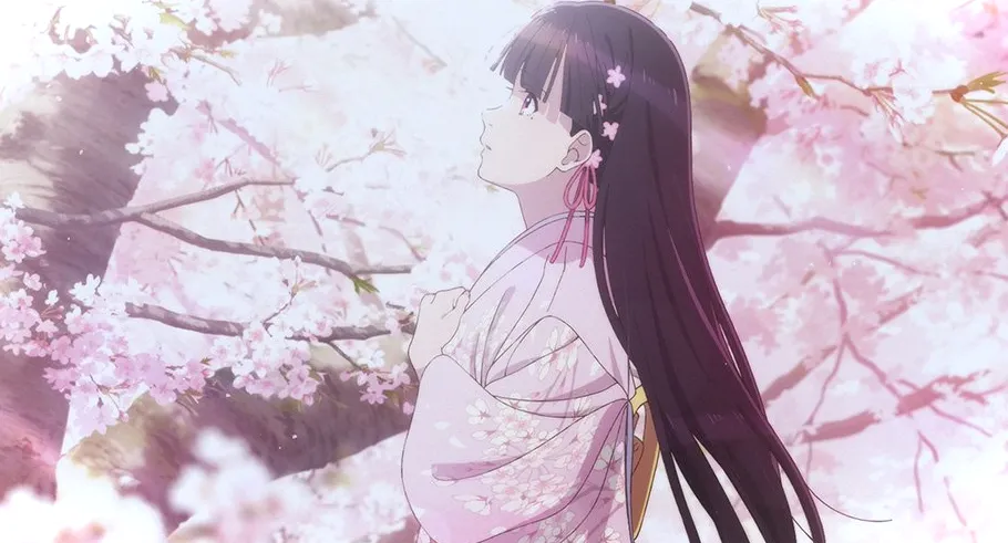 una mujer con un kimono rosa rodeada de flores de cerezo en flor