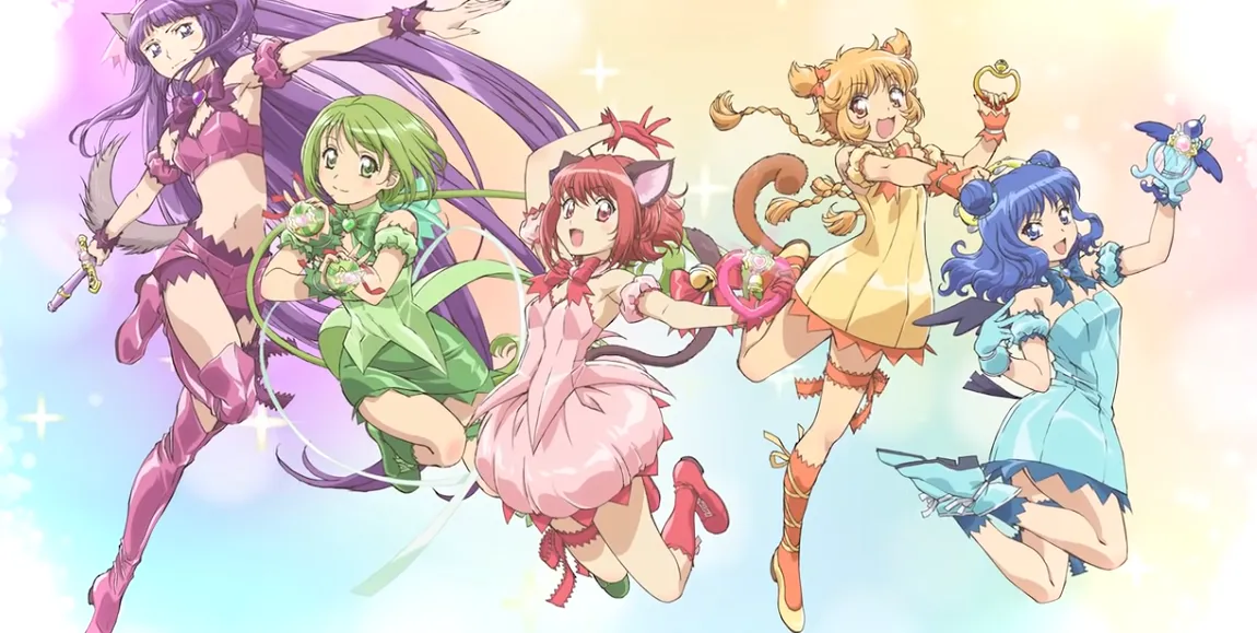 Las cinco protagonistas del reinicio de Tokyo Mew Mew con sus trajes de chicas mágicas