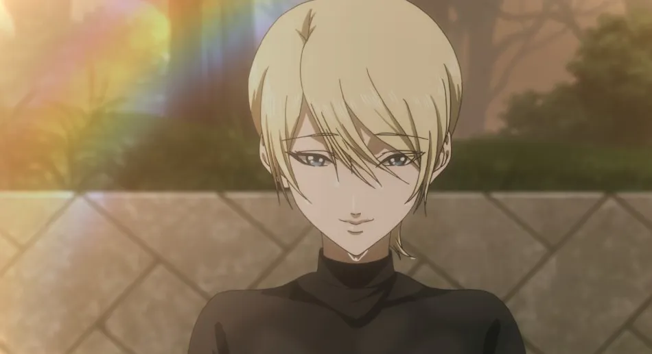 Hitori sonriendo bajo un arcoiris