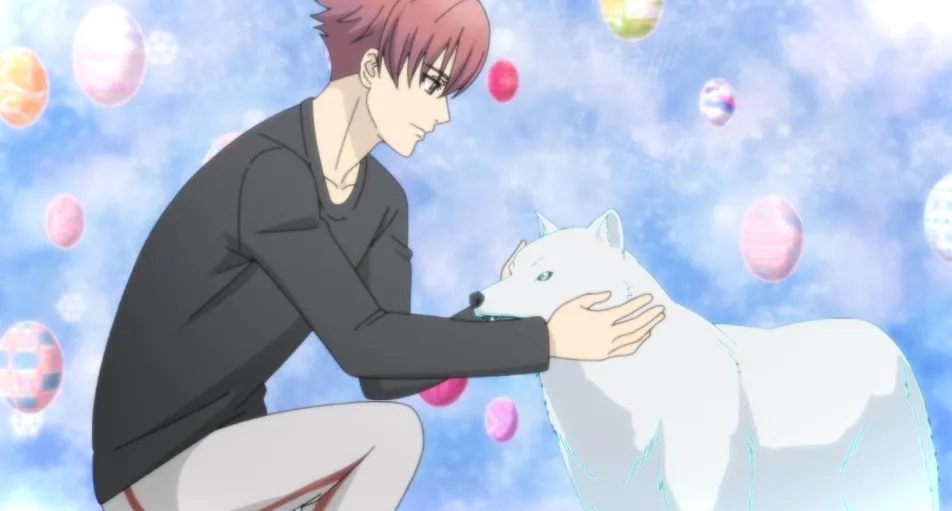 Kazuya acaricia a un lobo digital en un espacio lleno de huevos flotantes