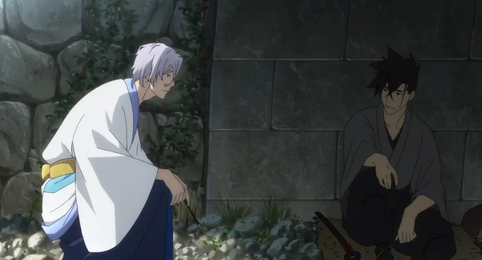 Usui agachado para hablar con Raizo