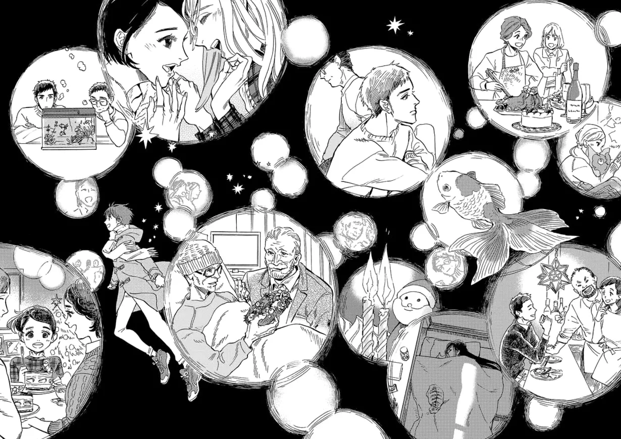 Tasuku corriendo alegremente por un espacio en blanco, rodeado de burbujas que muestran al resto del elenco pasando cálidos momentos en Navidad.