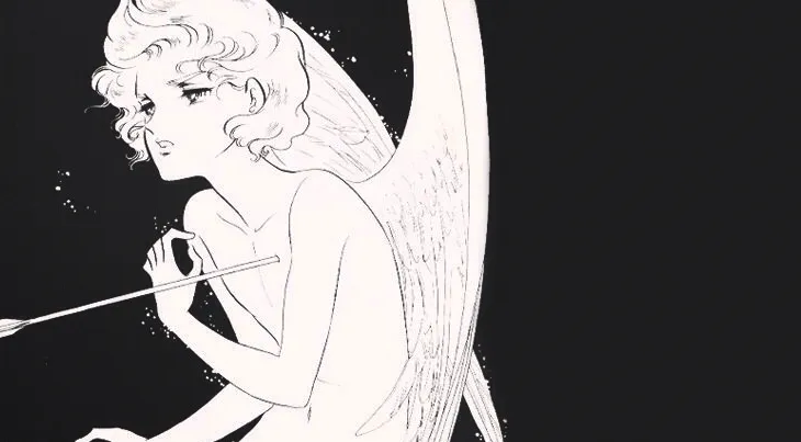 Ilustración de un ángel golpeado en el corazón con una flecha.