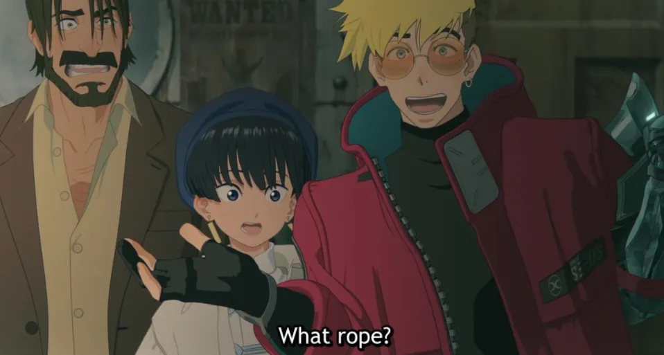 Vash sonriendo y encogiéndose de hombros.  ¿Qué cuerdas?