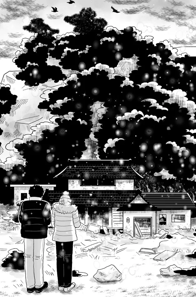 dos personas mirando una casa destruida