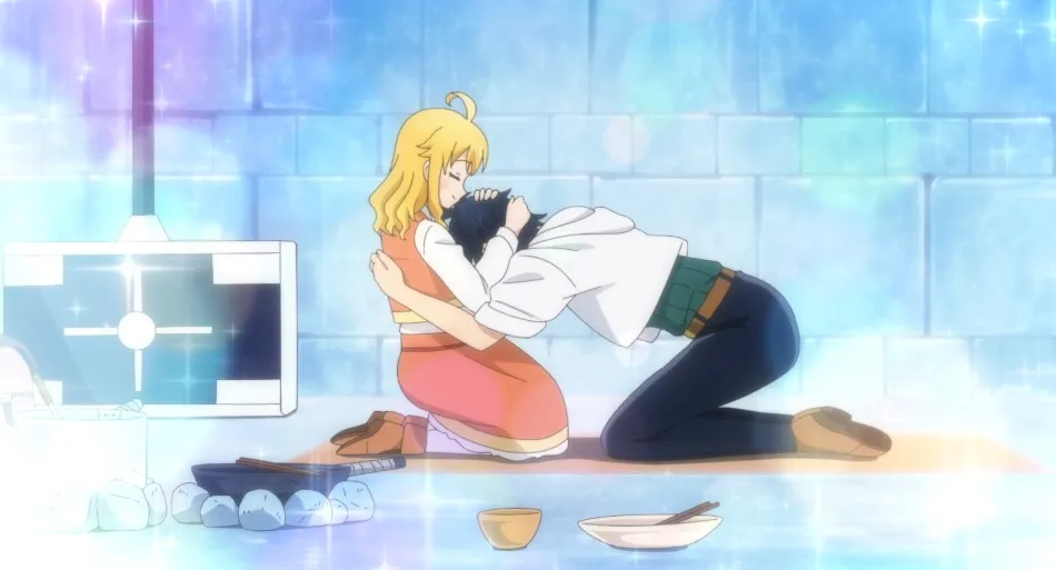 Emily acunando la cabeza de Ryota contra su pecho.